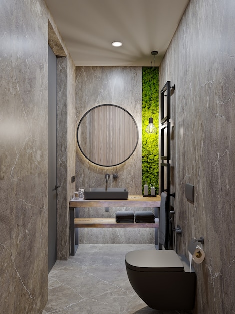 Conception de salle de bains moderne de rendu 3d avec des tuiles sous le béton et le marbre