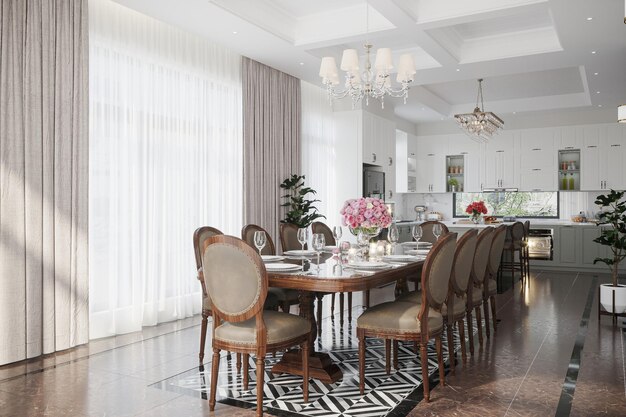 conception de salle à manger spacieuse à côté de la cuisine moderne avec une belle table à manger