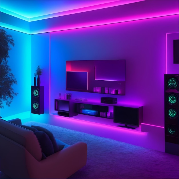 Une conception de salle de streaming avec des couleurs vibrantes et des leds