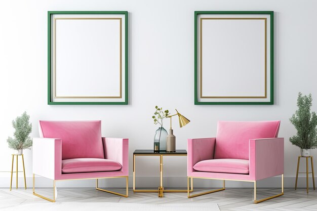 Photo conception de salon avec des chaises roses contre un mur blanc et une maquette de cadre horizontal vide