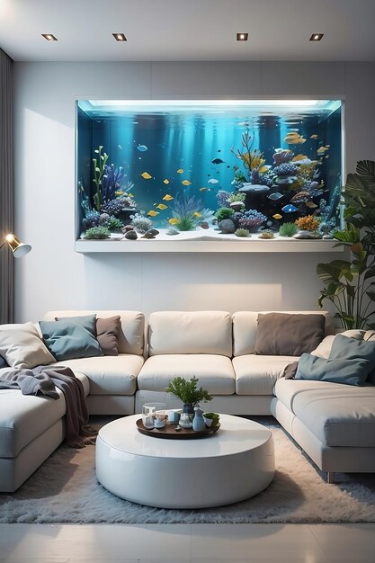 Photo conception de salon avec grand aquarium