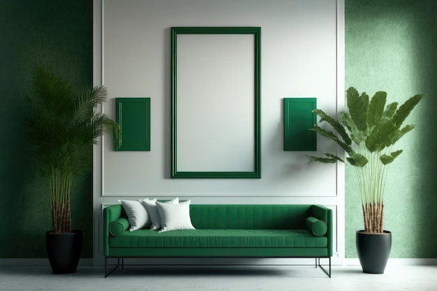 Conception de salon intérieur moderne vert avec modèle de cadre photo vide