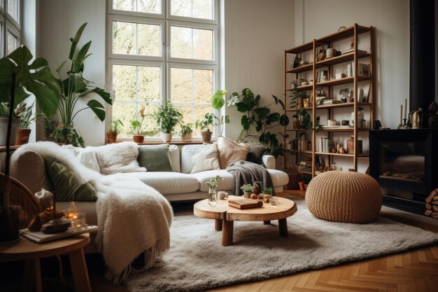 Conception de salon moderne Composition chaleureuse et cosy d’intérieur scandinave