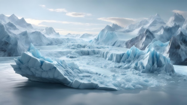 Conception d'une scène de glacier 3D avec une scène de glace flottant sur la surface de la mer Arrière-plan blanc