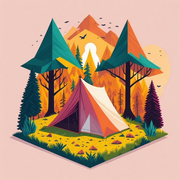 Conception de t-shirt coloré Camping dans les arbres de montagnes de forêt de coucher du soleil Conception d'art vectoriel plat low poly