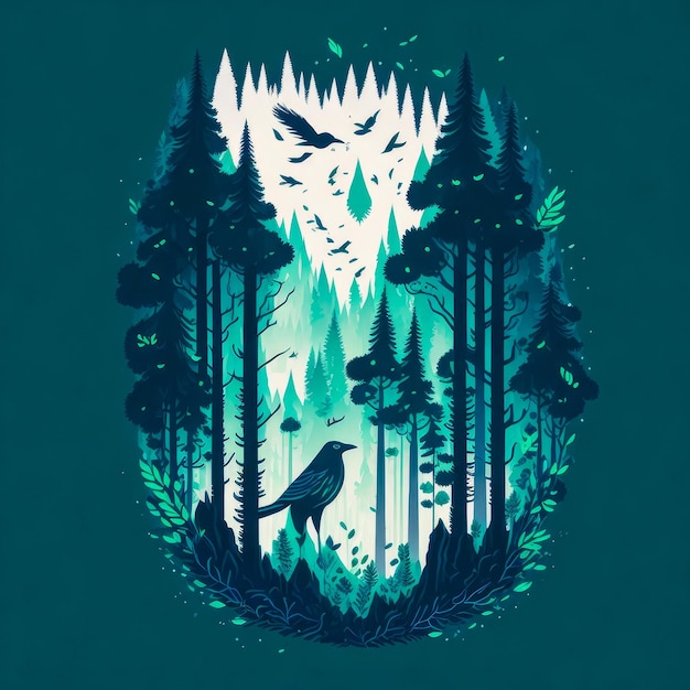 Conception de t-shirt d'illustration de paysage de forêt de pins Macig