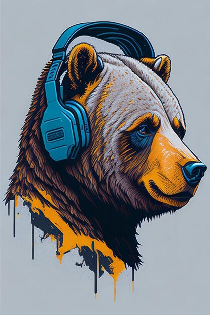 Conception de t-shirt d'un ours portant des écouteurs sur l'oreille