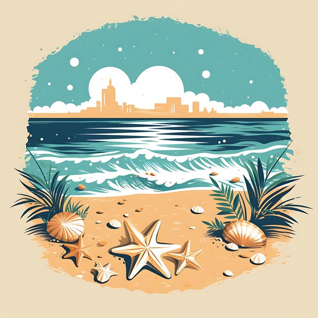 Conception de t-shirt de plage de sable avec des coquillages et des étoiles de mer turquoise vibrant et art à l'encre plate 2D