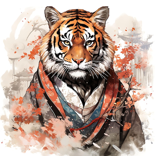 Conception de t-shirt de portrait de tigre portant une pose chinoise Qipao Regal rouge audacieux et vecteur d'encre Art 2D