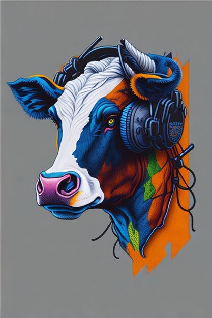 Conception de t-shirt d'une vache portant des écouteurs sur l'oreille