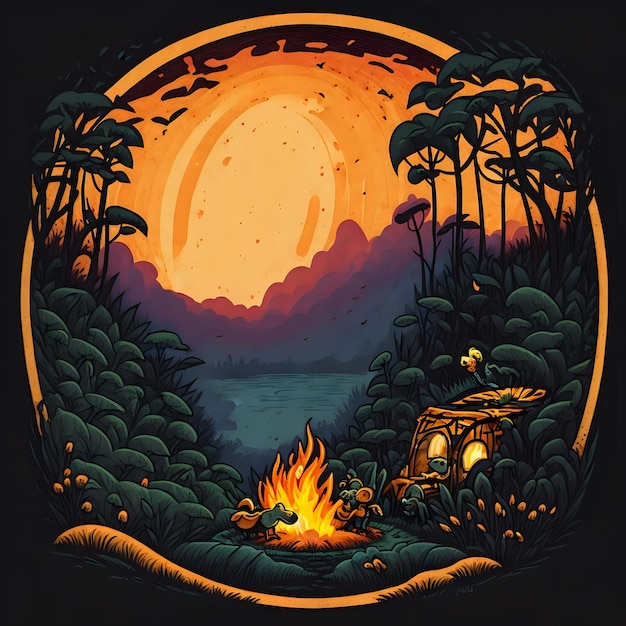 Conception de tshirt de feu de camp dans une jungle avec le coucher du soleil