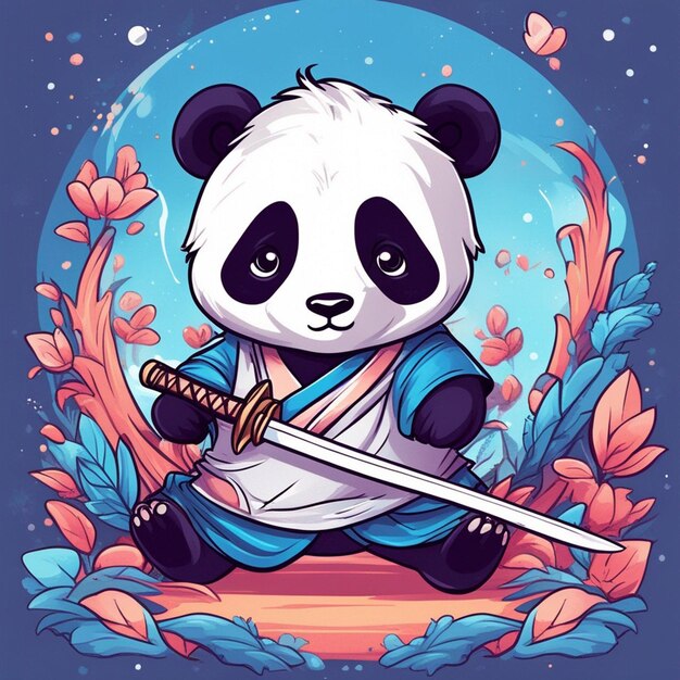 conception tshirt graphique mignons dessin animé panda samouraï katana épée sauvage plein blanc style des enfants