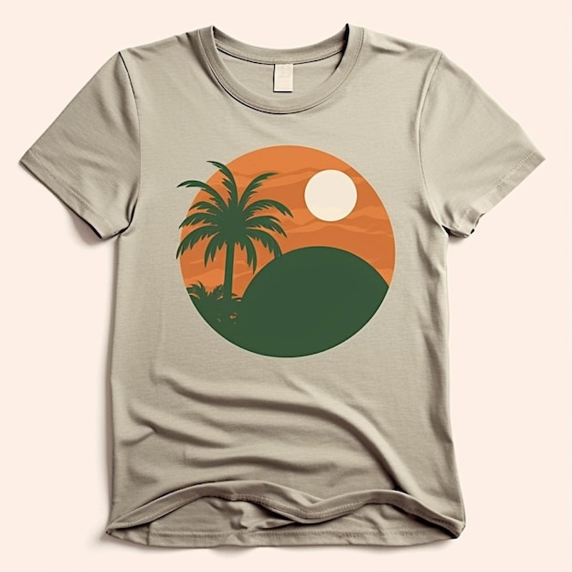 Conception de tshirt avec palmier et soleil sur fond pastel
