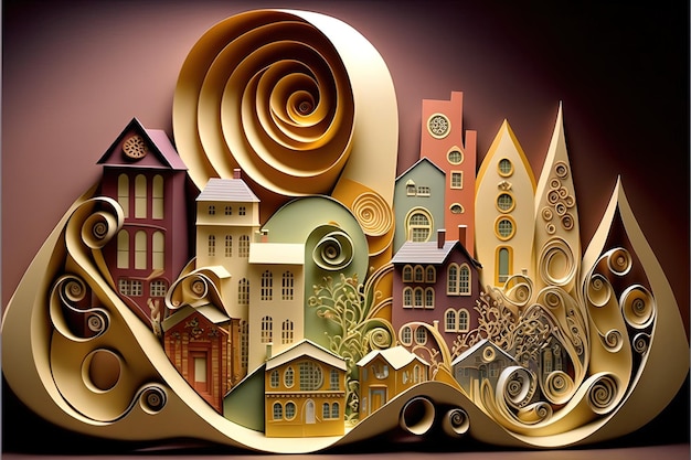 Conception urbaine de style de quilling en papier IA générative Illustration d'artisanat en papier multidimensionnel quilling une petite ville