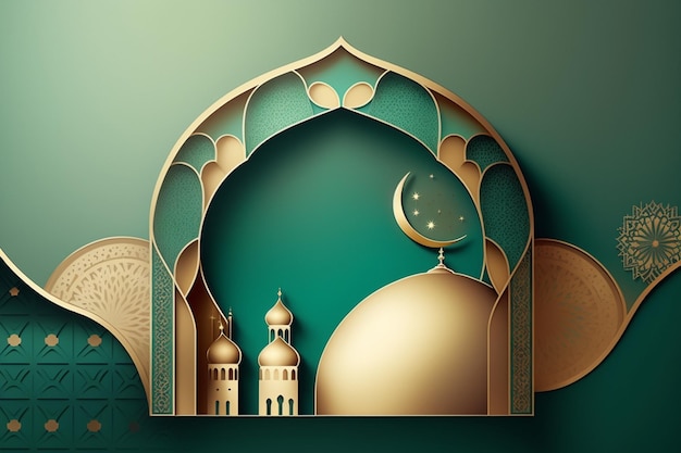 Conception de vacances 3D Ramadan Kareem et fond de bannière islamique Eid Mubarak Célébrez le mois sacré du Ramadhan dans l'Islam Contexte 3d réaliste avec des lanternes suspendues en croissant AI générative