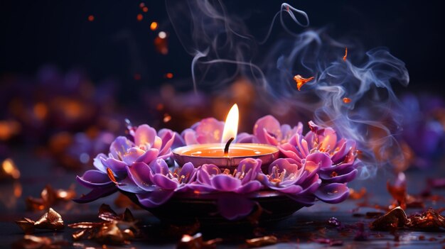 Conception de vacances du festival Diwali Bougie Diwali avec fumée sur fond violet vue réaliste