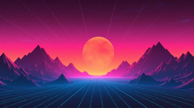 Photo conception vaporwave futuriste représentant un coucher de soleil rose mélangeant les vibrations rétro des années 80 avec la science-fiction moderne