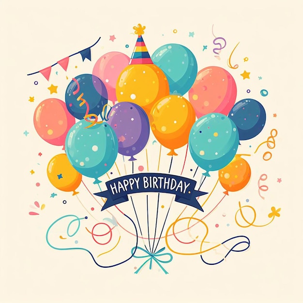 Conception vectorielle de texte d'anniversaire heureux Ballon d'anniversaire et éléments de confettis pour une fête colorée