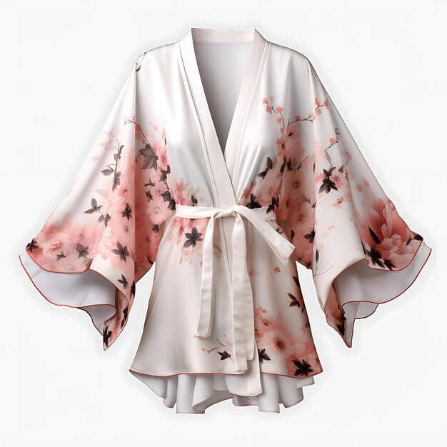 Photo conception d'une veste de kimono construite à partir de soie avec un imprimé floral et isolée sur blanc bg blanc.