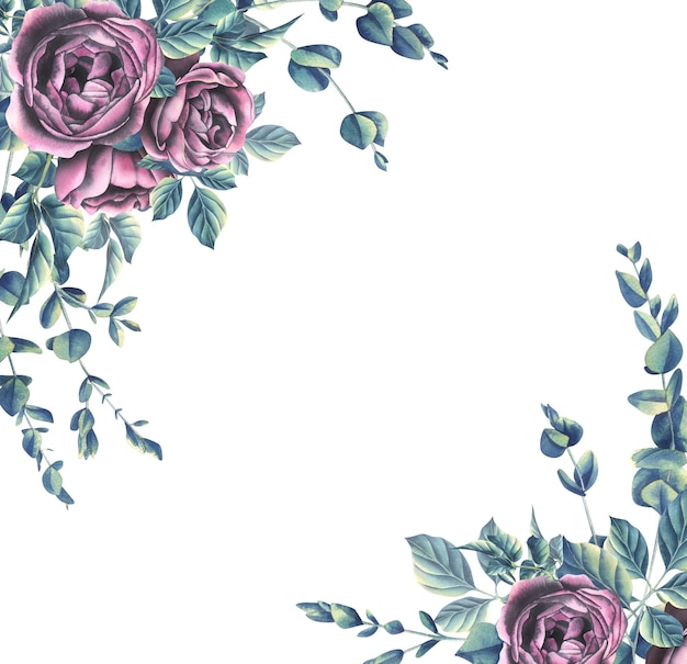 Conception vierge avec des feuilles de roses et des branches d'eucalyptus sur fond blanc Illustration aquarelle un modèle de la collection WEDDING FLOWERS Pour l'enregistrement des cartes d'invitations