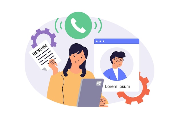 Conception web d'interview d'emploi en ligne avec des dessins animés plats pour la conception de sites Web Femme travaillant en tant que responsable des ressources humaines à la recherche de nouveaux employés à la sélection de CV à l'interview de candidats par appel vidéo Illustration vectorielle