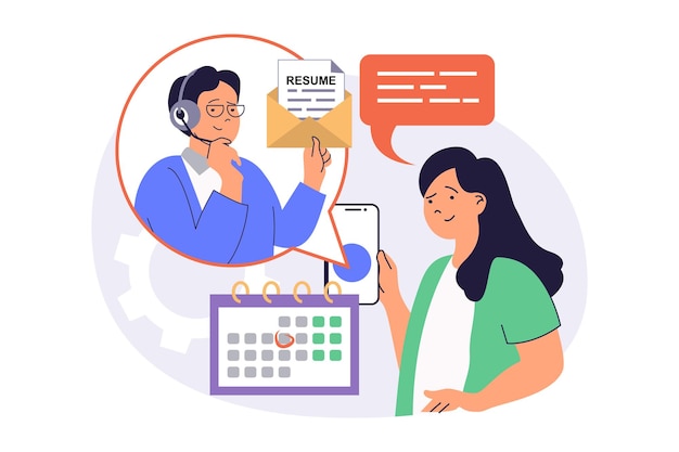 Conception web d'interview d'emploi en ligne avec des dessins animés plats pour la conception de sites Web Homme travaillant en tant que directeur des ressources humaines interviewant des candidats par appel vidéo à la recherche de nouveaux employés configurant une réunion Illustration vectorielle