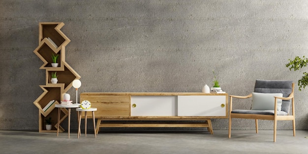 Conceptions de meuble TV pour salon sur fond de mur en béton, rendu 3d