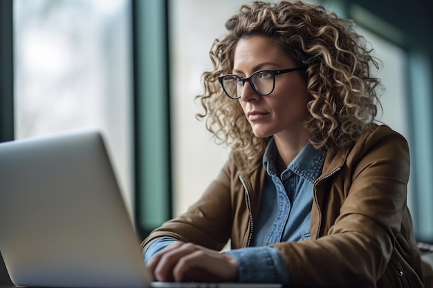 Une conceptrice de logiciels travaille sur un ordinateur portable au bureau.