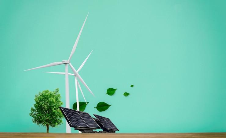 Photo concepts environnementaux énergie propre, éoliennes, cellules solaires et arbres