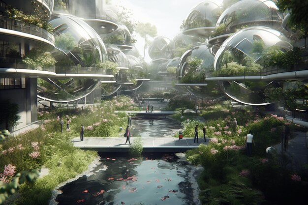 Photo conceptuel d'un parc public écologique avec de l'énergie propre dans le futur créé avec la technologie d'intelligence artificielle générative