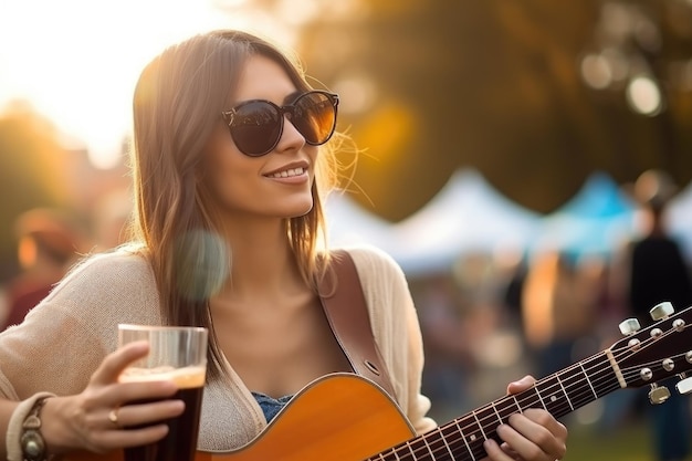 Concert de musique et femme buvant une bière lors d'un festival de musique live en plein air créé avec l'IA générative