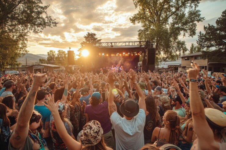 Photo un concert en plein air animé mettant en vedette un groupe célèbre avec un public diversifié chantant et agitant
