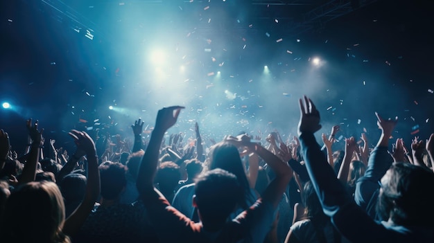 Concert de rock en direct, fête de fête, soirée de club, foule acclamant, lumières de scène et confettis tombant.