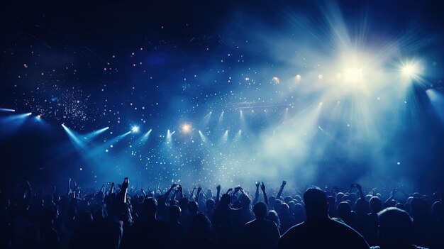 Concert de rock en direct, fête de fête, soirée de club, foule acclamant, lumières de scène et confettis tombant.