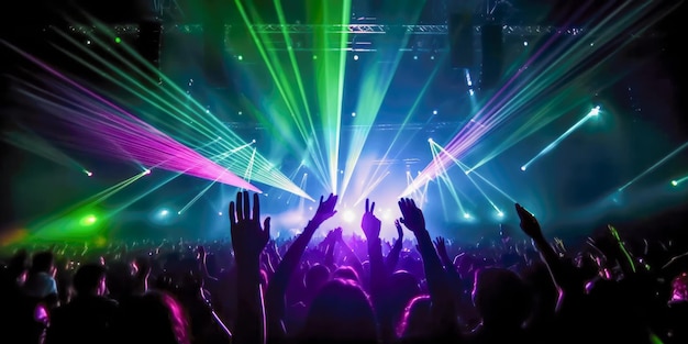 Un concert avec un spectacle de lumière coloré et une foule de gens avec des lumières allumées.