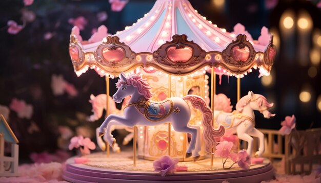 Photo concevez un carrousel avec de mignons figurines de licornes 3d au lieu de chevaux traditionnels ajoutez des couleurs vives, des lumières étincelantes et des détails complexes 3