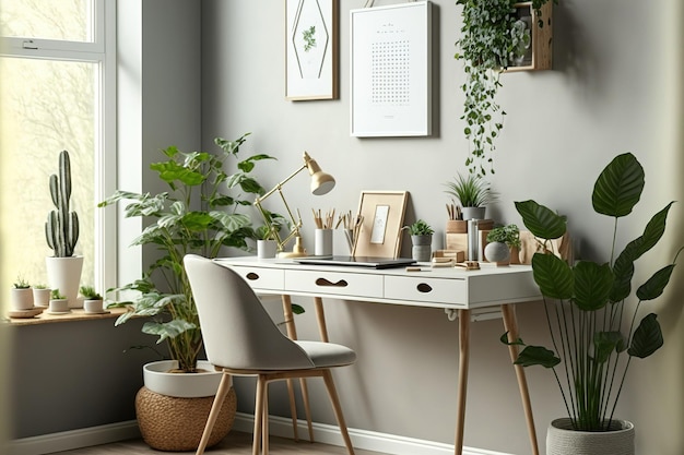 Concevez un environnement de style scandinave pour votre bureau à domicile avec un bureau en bois de nombreuses plantes un miroir et des objets professionnels et personnels mise en scène neutre avec style Templa