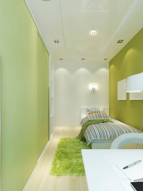 Concevez l'espace de la chambre des adolescents dans la pièce étroite. Intérieur de style contemporain dans des couleurs vert clair et blanc. Rendu 3D.