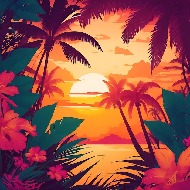 Concevez un graphique vectoriel inspiré de paradis tropicaux avec des palmiers, des fleurs exotiques, etc.