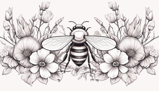 Concevez une illustration de contour d'une abeille entourée de fleurs et de plantes Incorporez des éléments floraux dans les ailes ou utilisez-les pour encadrer l'abeille en créant un 10 harmonieux