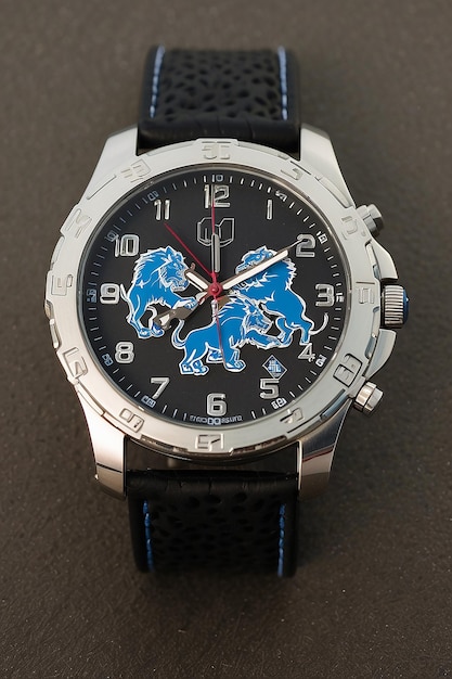 Concevez une montre de poignet chronographe élégante qui a un très petit logo argenté de l'équipe de football de la NFL de Detroit Lions en haut du cadran noir ou gris
