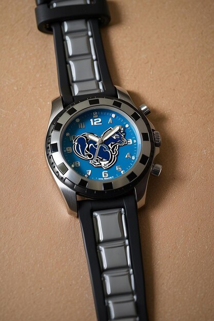 Concevez une montre de poignet chronographe élégante qui a un très petit logo argenté de l'équipe de football de la NFL de Detroit Lions en haut du cadran noir ou gris