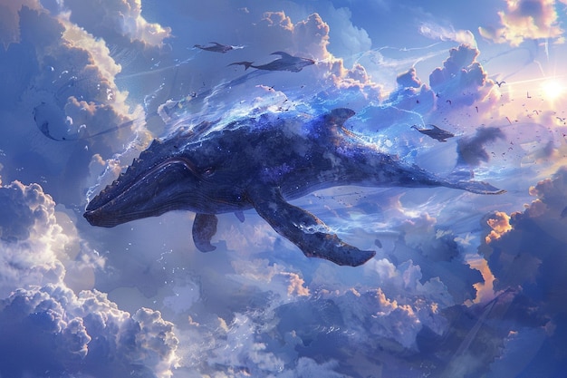 Concevez un paysage nuageux magique avec des baleines volantes et une IA générative