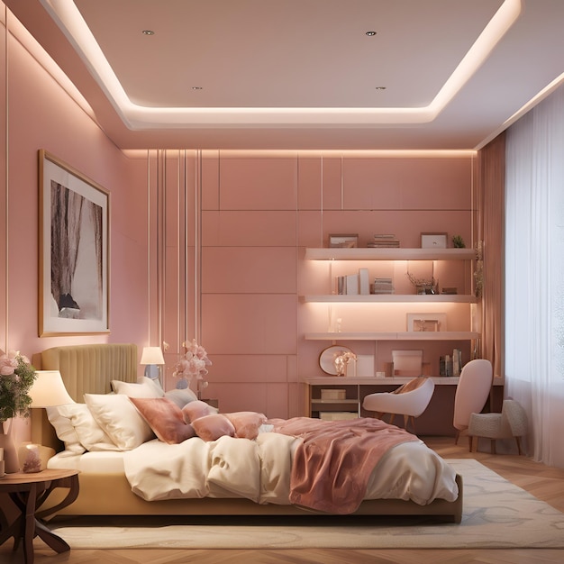 Concevez un rendu 3D d'une scène de chambre romantique avec un éclairage doux et un décor élégant