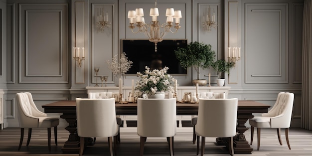 Concevez une salle à manger traditionnelle et élégante avec une table en bois, des chaises rembourrées et un lustre en cristal.