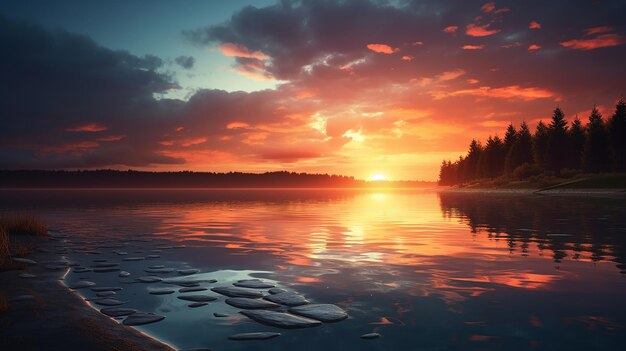 Concevez une scène de coucher de soleil serein sur un lac tranquille avec des reflets sur l'eau