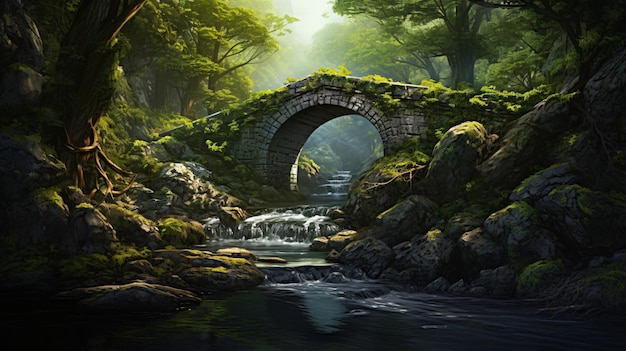 Concevez une scène enchanteuse où un petit pont de pierre