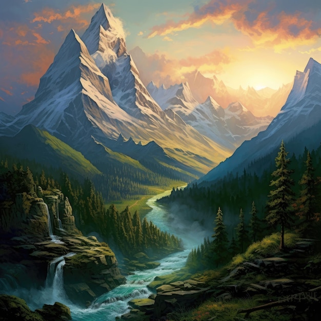 Concevez une scène visuellement époustouflante qui capture la beauté majestueuse d'une montagne