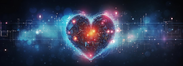 Concevoir une forme de cœur en utilisant des lignes de circuits numériques interconnectés et des composants symbolisant la fusion de la technologie et de l'amour