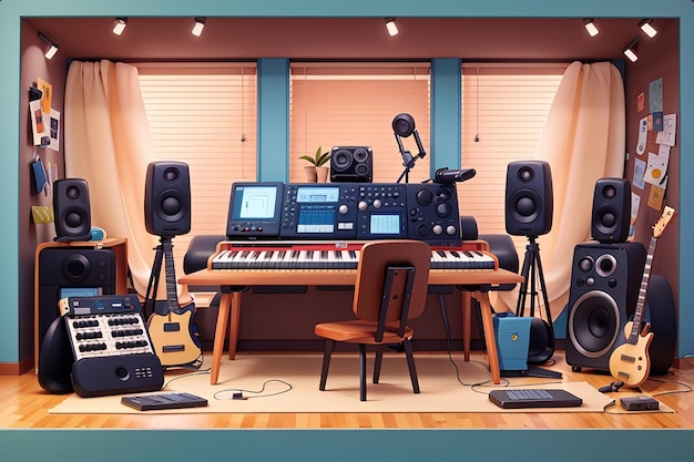 Photo concevoir une jolie illustration d'enregistrement de musique en studio avec une table et un arrangeur de production audio